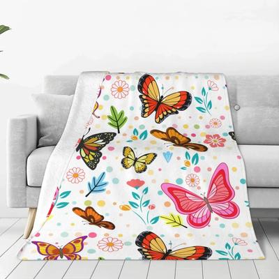 Soft Warm Throw Blanket Lightweight Flannel Fleece Bed Blanket Gift for Home Decor Butterfly White
