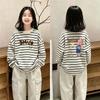 Korean Style Girls' Striped Cotton Long Sleeve T-shirt - Casual Spring/Autumn Patchwork Top for Medium and Large Children
