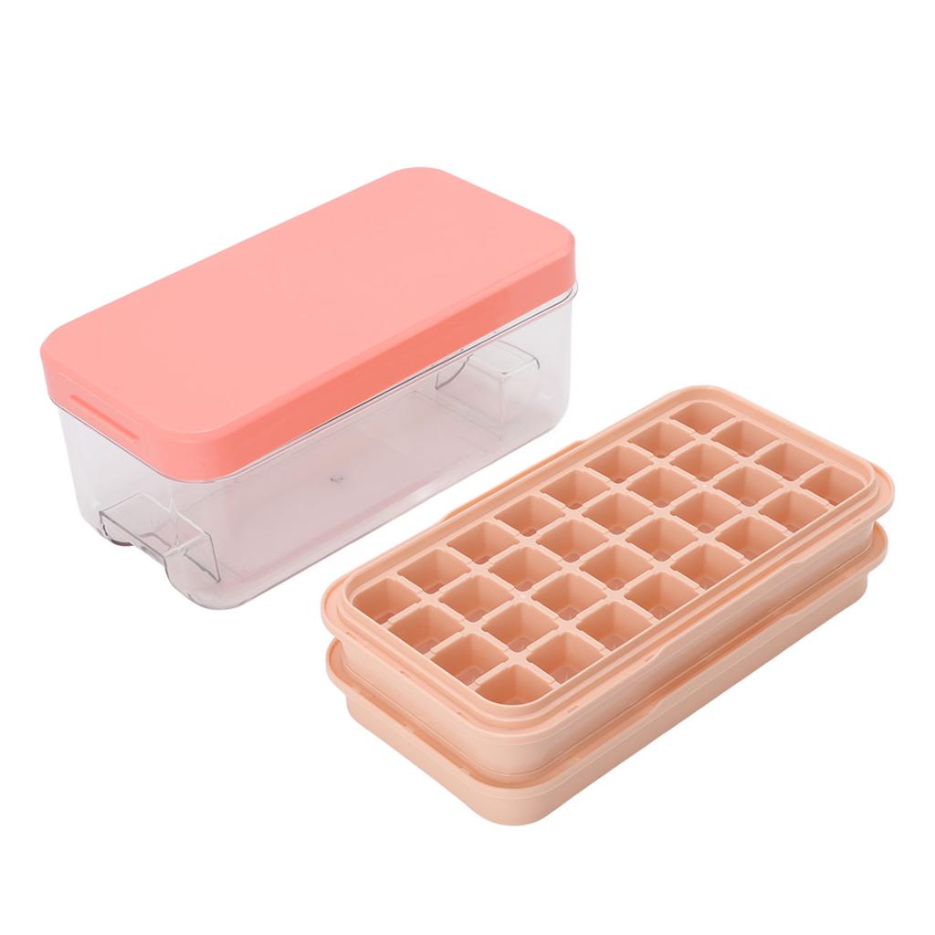 Ice Cubes Tray Molds Bin with Lid Ice Scoop Storage Bin and Storage 2 Layers 64 Cubes Silicone Easy Release Pink