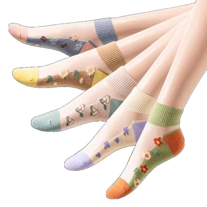 5 Pairs of Summer Thin Crystal Silk Socks Children Invisible Sweat-absorbing Breathable Boat Socks Glass Silk Cotton Bottom Short Socks