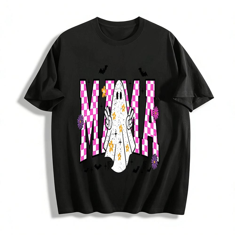 Halloween Checkered MAMA Print Tee Cute Ghost Casual Top Pure cotton T-shirt XXS