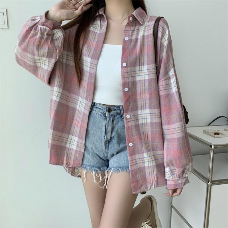 Women Summer Long Loose Shirt Falling Shoulder Long Sleeve Lapel Plaid Shirt
