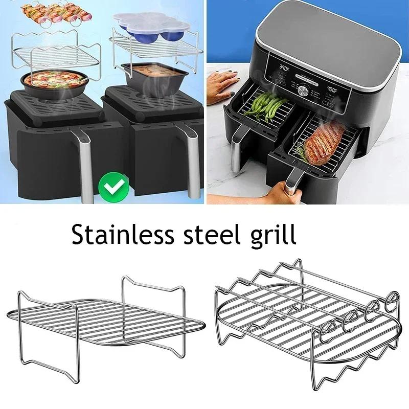 Kitchen Grill Air Fryer Rack for Ninja Dual Air Fryer with Barbecue Sticks for Double Basket Air Fryers Oven Microwave Baking