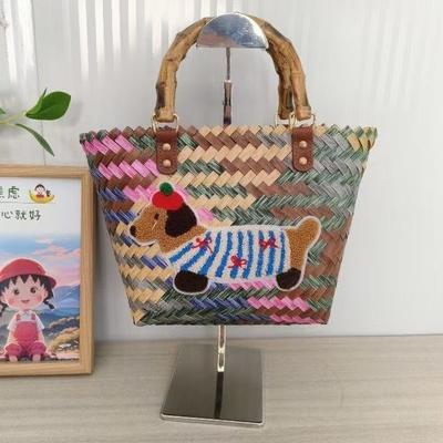 Handmade Cartoon Woven Vegetable Basket, Cute Embroidery Sausage, Dog Weaving, Versatile Handbag, Cosmetics Storage Bag