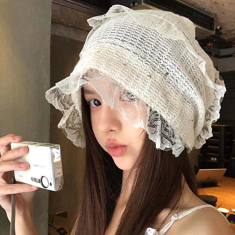 Korean Style Lace Hollow Toe Cap, Female, Spring and Summer, Cute and Versatile, White, Breathable Thin Design, Big Head Circumference, Hat