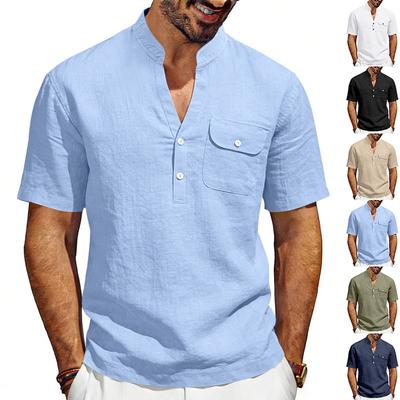 T-shirt en lin couleur unie pour homme - Simple, décontracté, style tooling, col en V, chemise Henry, manches courtes pour homme - Été