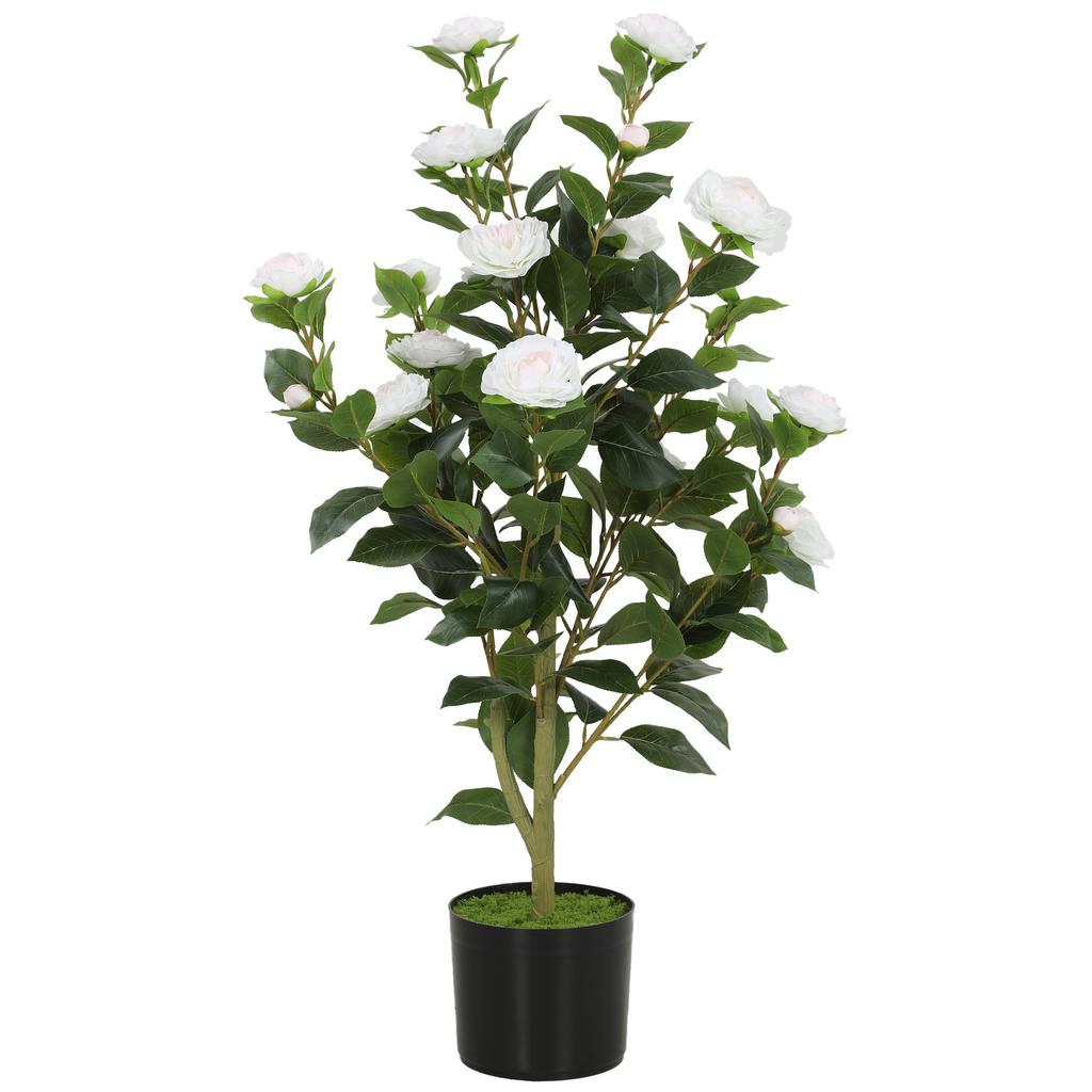 Faux Camellia Plant With Realistic Flowers 176 PEVA Leaves And Black PP Pot Filled With Cement White