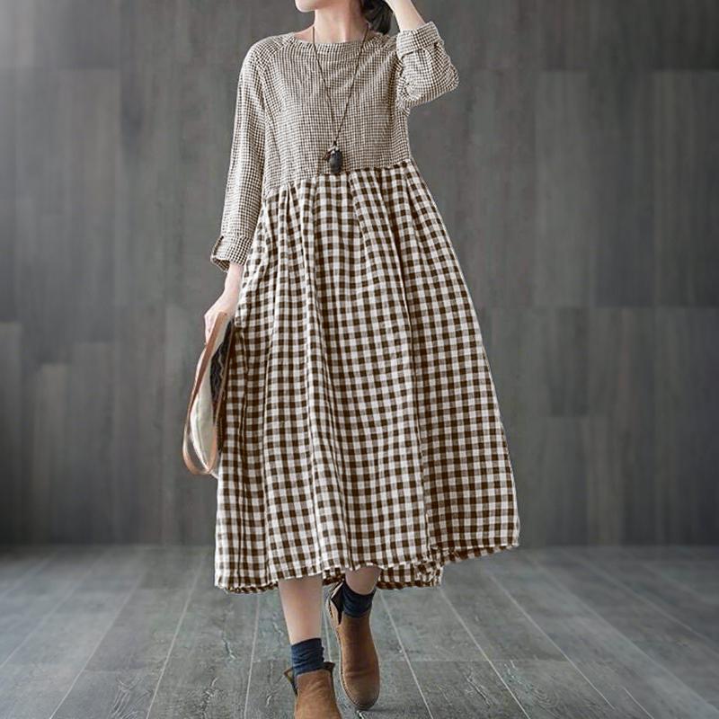 

ZANZEA Жіноча сукня вільного крою з картатим принтом, повсякденна, з круглим вирізом та довгим рукавом M світло-коричневого кольору