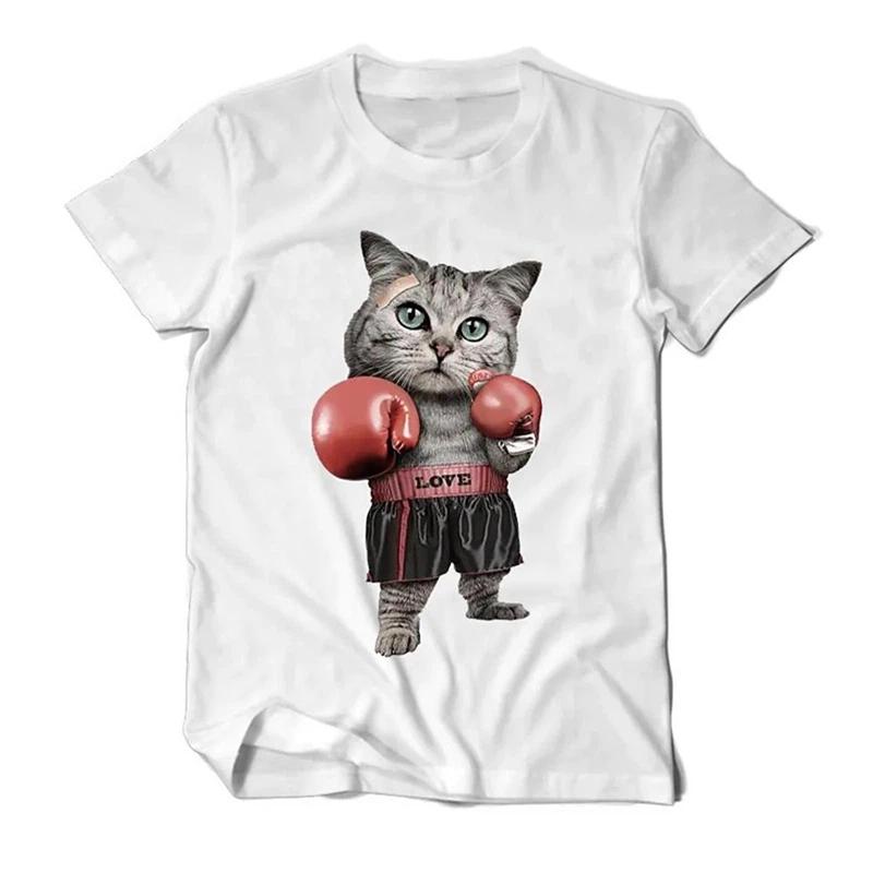 Cat Boxing Print T-Shirt Summer Fashion Casual Tops for Women Streetwear Oversize Vintage O-Neck Short Sleeve Tops T-shirts XS