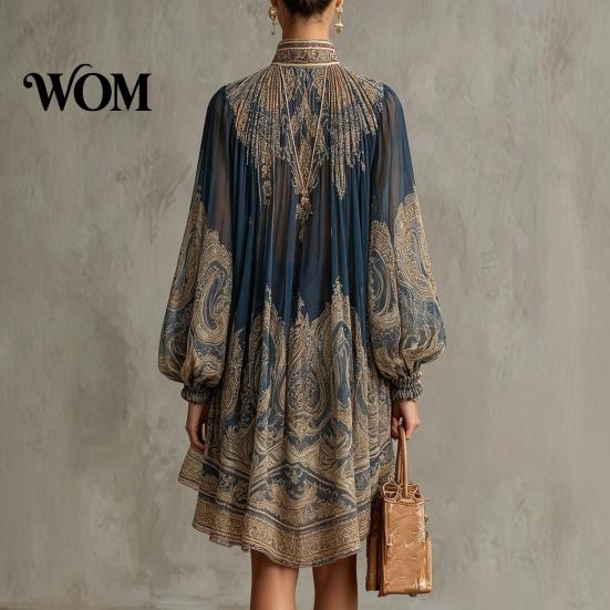 Lantern Sleeve Dress Boho Floral Print High Neck Irregular Chiffon Mini for Women, Puff Long Flowy Party Cocktail Dress, Summer Beach Vacation