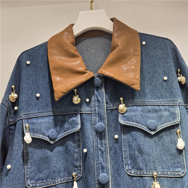 2025 Autumn/Winter Women's Beaded Denim Jacket: Mid-Length, Loose, Versatile, and Trendy.