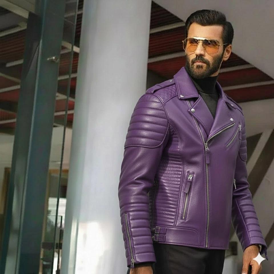 Lambskin Leather Motorcycle Men's Purple Handmade New Jacket Real Biker Stylish Causal