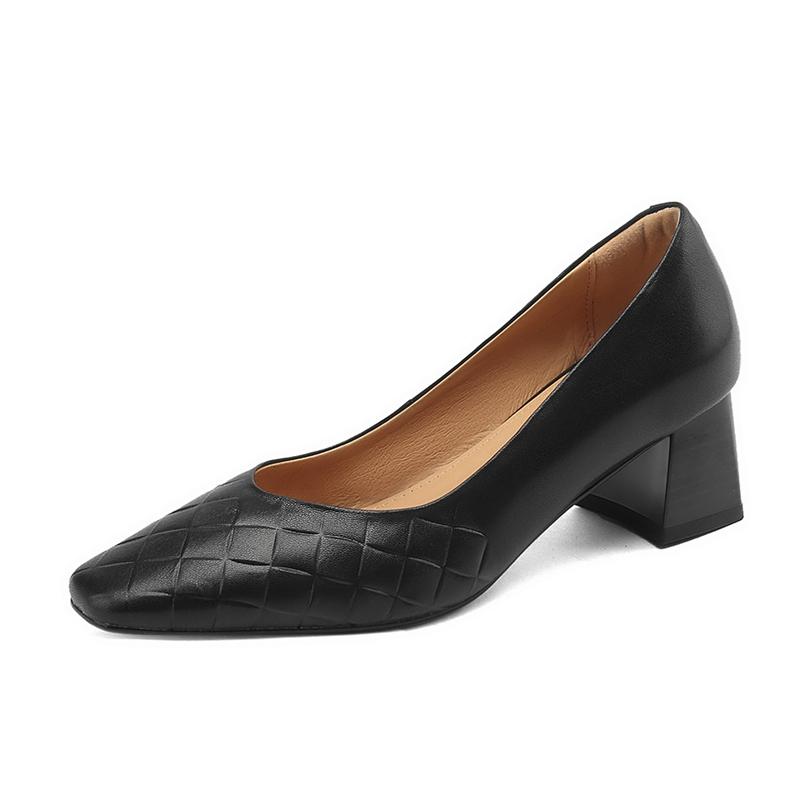 Fashion Women's New Spring and Autumn Retro Pattern Square Head Genuine Leather Sheepskin High Heel Large Work Single Shoes