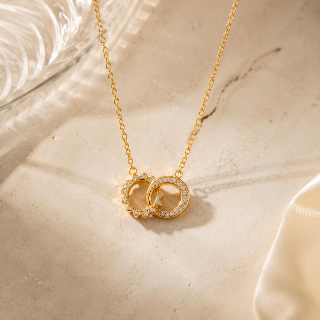 Sun Double Ring Titanium Steel Necklace with Rhinestones, Light Luxury Niche Collarbone Chain, Non-Fading Accessory for Women, European and American