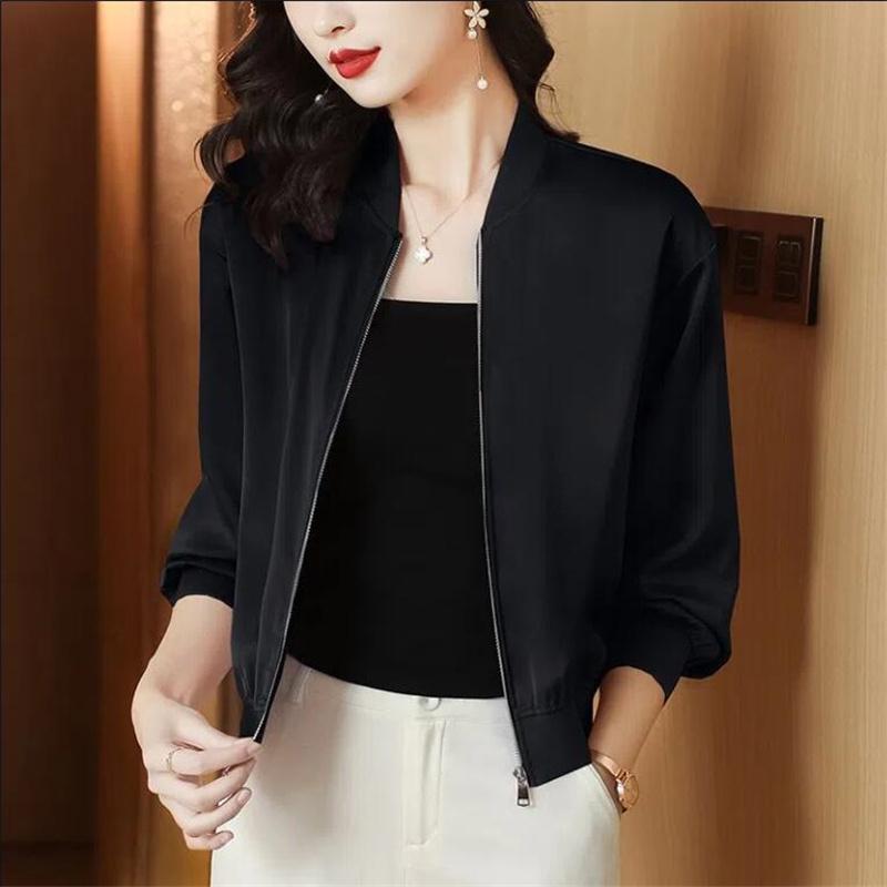 Hedvábné krátké bundy Dámské kabáty Volné saténové svrchní oblečení Jednobarevná látka Zip Baseballová bunda Jaro Podzimní oblečení Dámská bunda