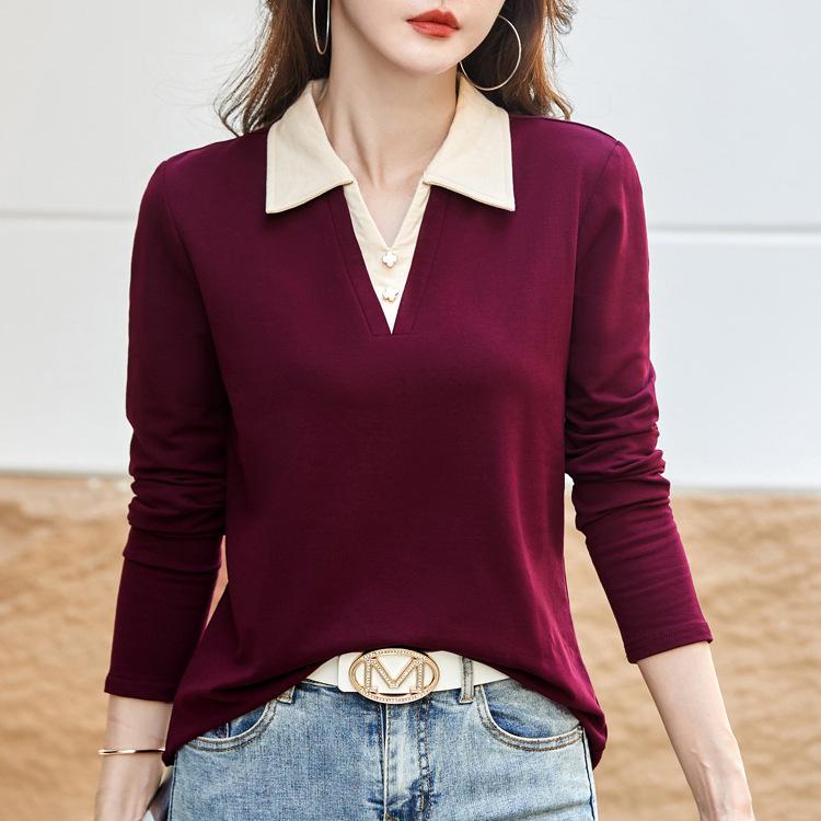 2025 Autumn Color Block Polo T-Shirt for Women: Long-Sleeved, Fake Two-Piece Design for Middle-Aged Mothers