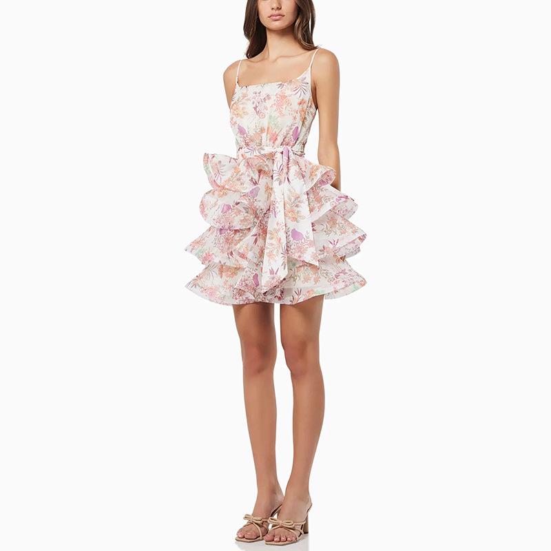 2025 Francouzská volánová květinová sukně na šle s šněrováním v pase - Slim sváteční šaty pro ženy