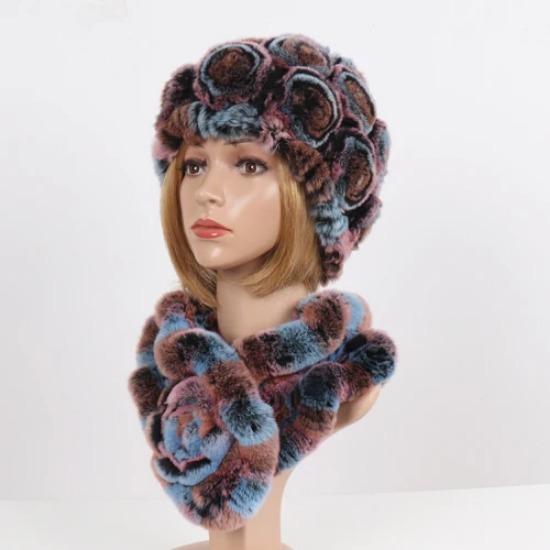 Нові Жіночі Зимові Хутряні Шапки Шарфи Набори Натуральні Теплі Справжні Шапки з Хутра Кролика Рекс Шарфи Леді В'язані Шапки з Натурального Хутра Шарф
