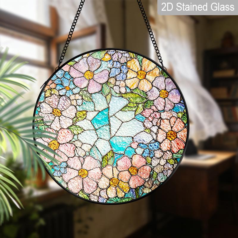 2D Flat Stained Glass Floral Window Decoration Colored Glass Plate, Charming Spring Summer Sun Catcher Home Livingroom Garden Decor, Unique Holiday