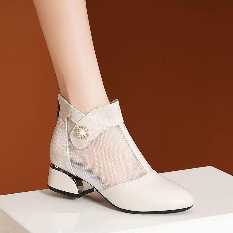 Women's Summer New Block Heel Mesh Cool Boots Soft Sole Non Slip High Top Breathable Zippers Ankle Boots Low Heel Baotou Sandals