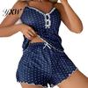 Loungewear 2Pcs/Set V-Neck Buttons Decor Pajama Set Lace Stitching Sheer Trim Elastic Nightwear Waistband Women Dot Print Sling Vest Wide Leg