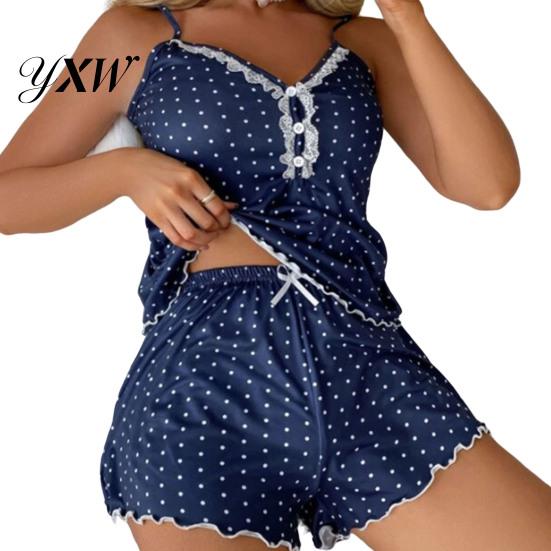 Loungewear 2Pcs/Set V-Neck Buttons Decor Pajama Set Lace Stitching Sheer Trim Elastic Nightwear Waistband Women Dot Print Sling Vest Wide Leg