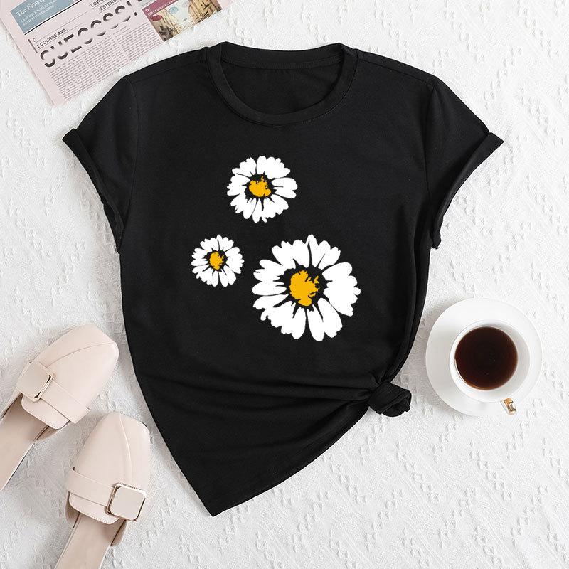 Sommer Damen T-Shirts mit Drei-Gänseblümchen-Print, locker, Rundhalsausschnitt, lässig, reine Baumwolle, kurzärmelig, Damen