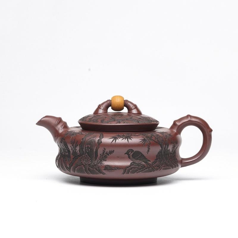 300ml Aesthetic Yixing Purple Clay Teapots Handmade Engraved Bamboo Bird Pot Raw Ore Purple Mud Kettle Zisha Tea Set Gifts Craft