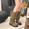 Big tube circumference tall tube folds autumn pile up old thick heel boots fashionable and thin locomotive boots over the knee long boots women