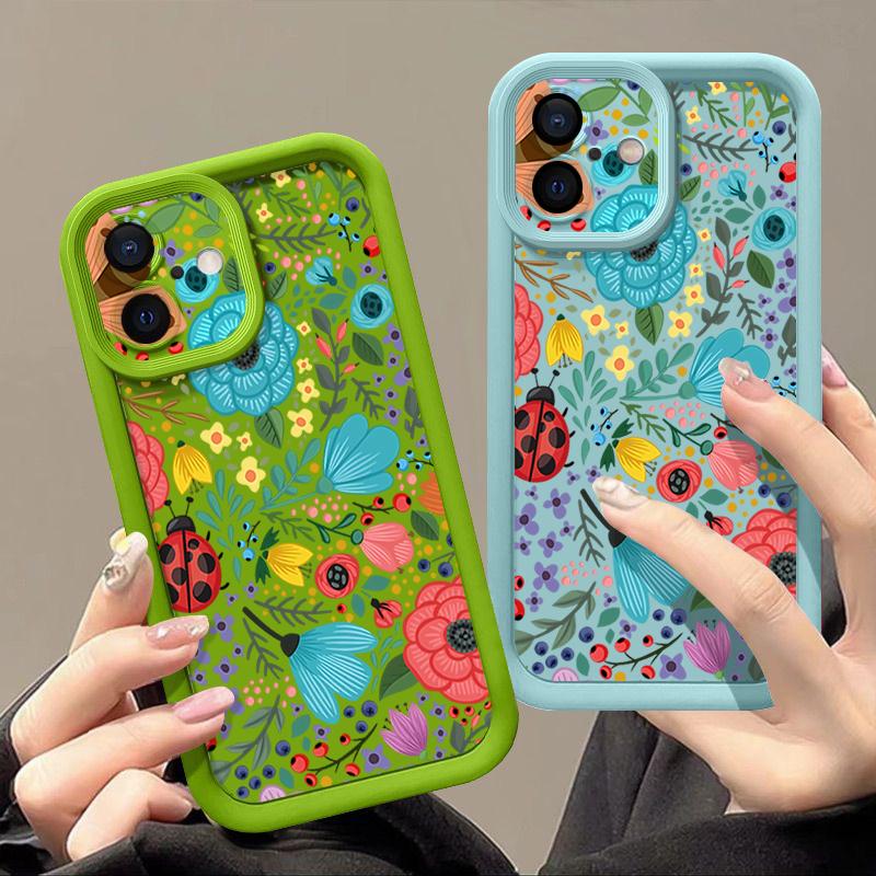 Colorful Flowers Ladybug Pattern Shockproof Phone Case For iPhone 16e 16 15 14 Pro Max 13 12 Pro 11 14 15 16 Plus Silicone Soft Matte Cover Fundas