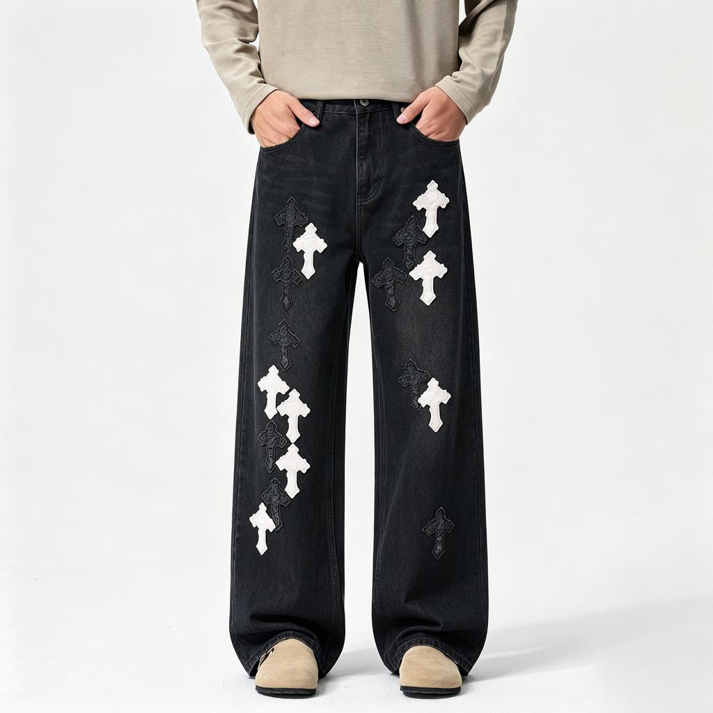 Amerikanische Herren schwarze volle Ladenfarbe Nische Bodenhosen sind schwer und blickdicht High Street Herren und Damen gleiche trendige Jeans