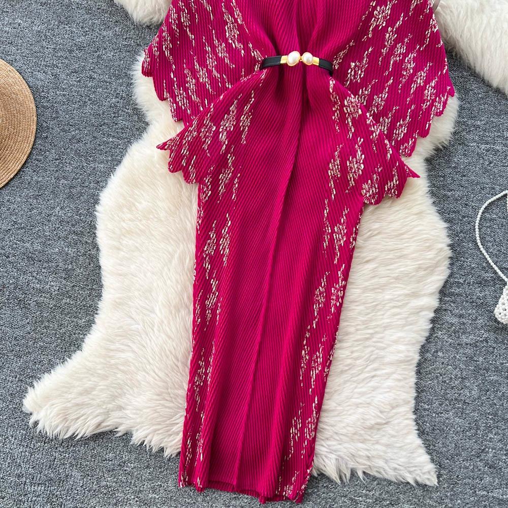 Jarní podzimní dámské elegantní 3D květinový tisk Miyake s přehybem a netopýřím rukávem, nadměrné volné skládané šaty s páskem