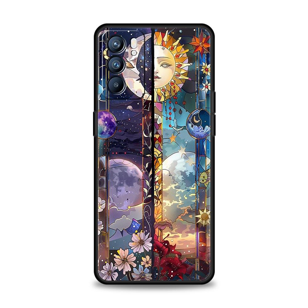 Beautiful Sun Moon Glass Phone Case For Oppo Reno 13 12 11 10 7 F Find X5 X6 A98 A80 A79 A78 A57 A54 A31 A17 Pro Soft TPU Cover