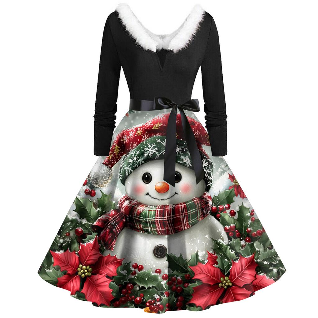 Christmas Print Flare Dress For Women Long Sleeve Dress Hollow Party Casual Dresses