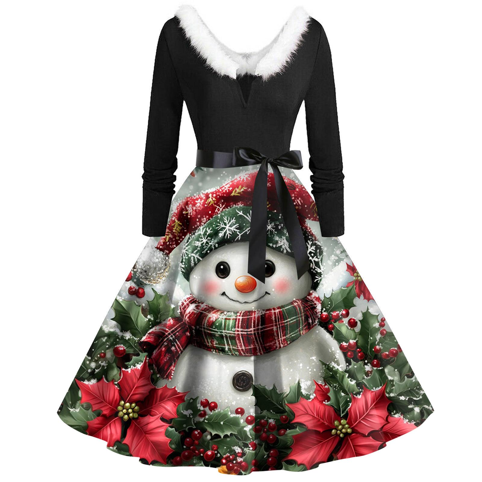 

Рождественский принт расклешенное платье для женщин платье с длинным рукавом полые вечерние повседневные платья XXXL красный