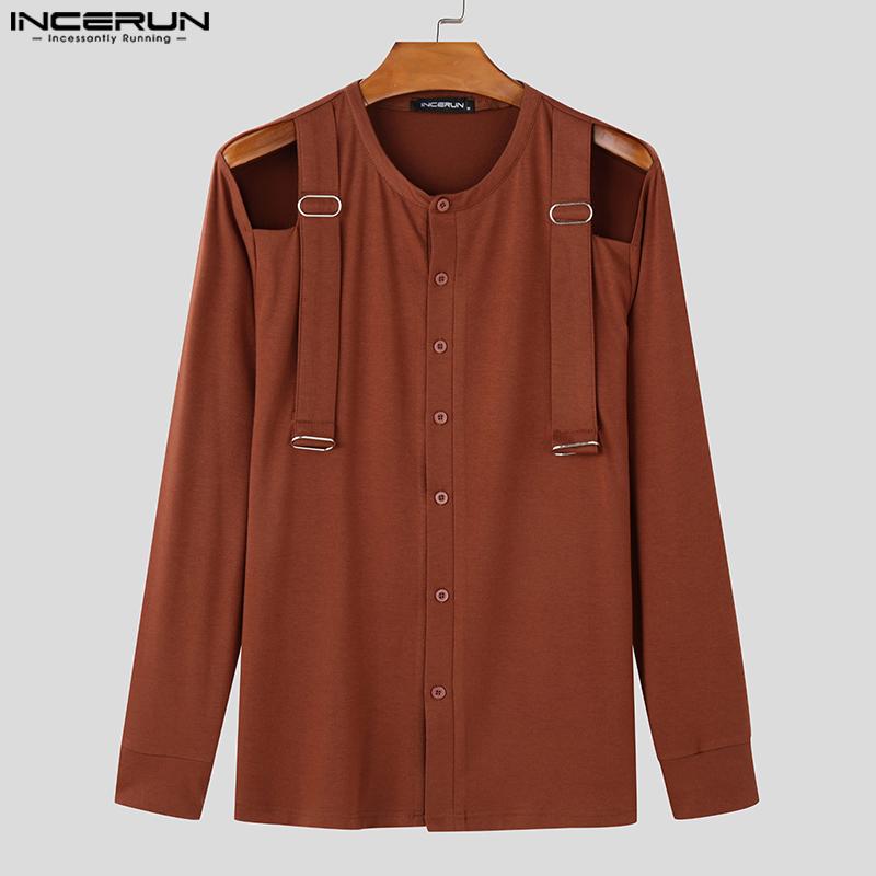 INCERUN Men's Cutout Long Sleeve Strap Patchwork Buttons Casual T-shirts Tops Undershirts