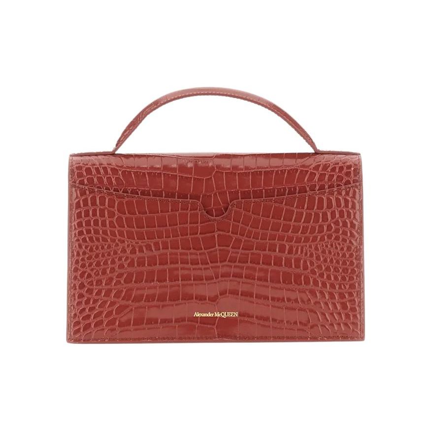 Alexander Mcqueen Skull Croc-Embossed Top Handle Bag, Deep Red, Gold Skull Hardware, Women's Luxury Handbag for Daily Party 732798-1HB0G-6338