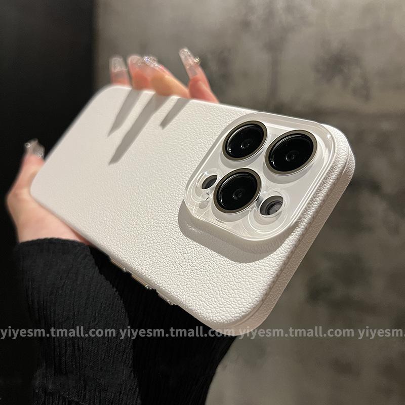 Applicable to iPhone15 lychee leather pattern mobile phone case Apple 14promax crystal lens 13 simple solid color protection