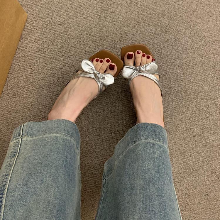 2025 New French Square Head Open-toed One-word Cool Slippers Women Wear Fairy Style Versatile Thick-heeled Slippers In Summer