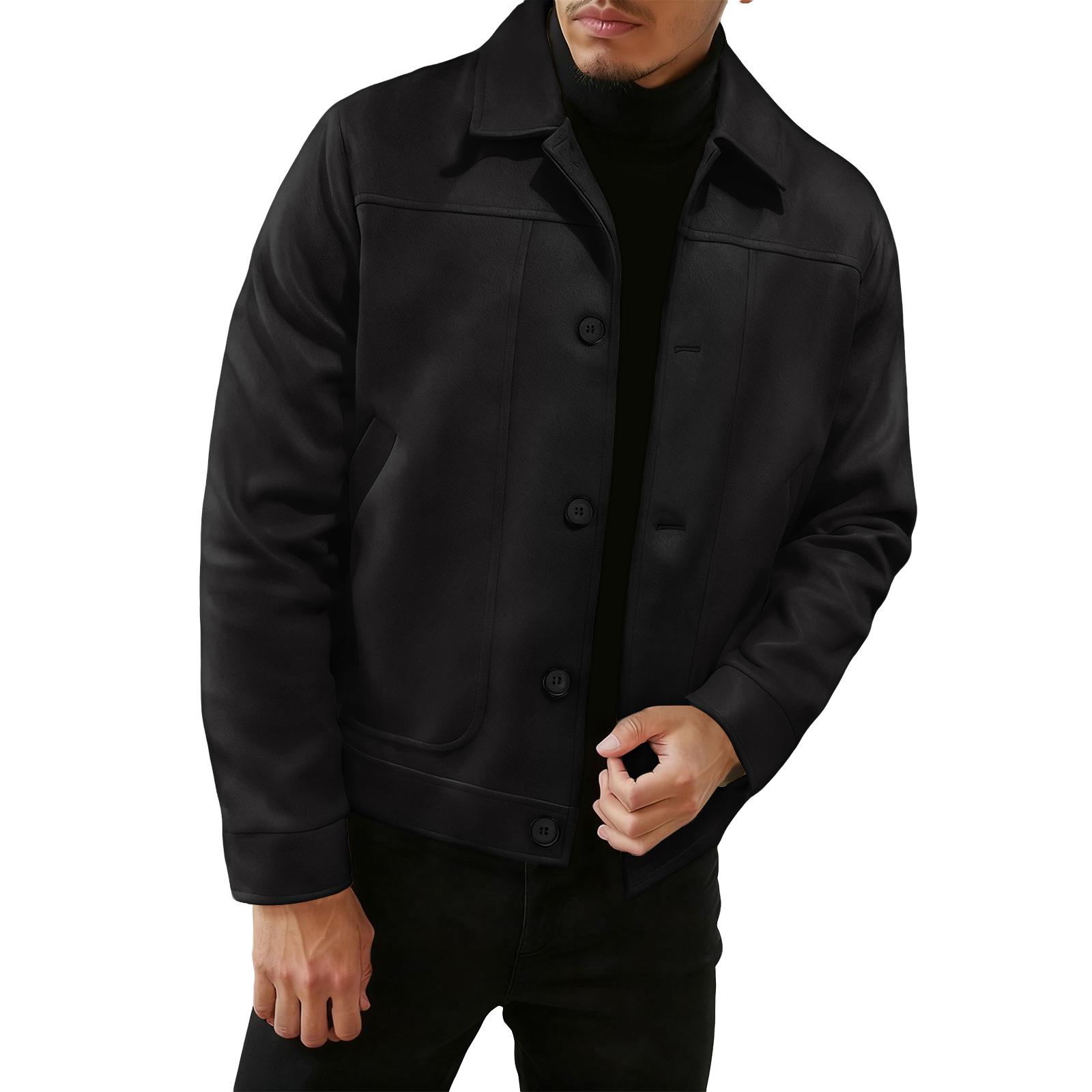 

Men s Jacket Color Lapel Lightweight Shacket Jacket Button Up Slim Fit Top Outdoor Warm Windbreak Coat XXL чёрный