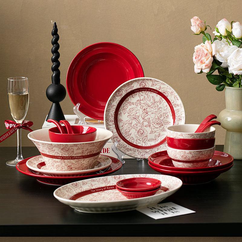 Retro Newlywed Tableware Set - Red Bowls & Plates Wedding Gift 2025 Style