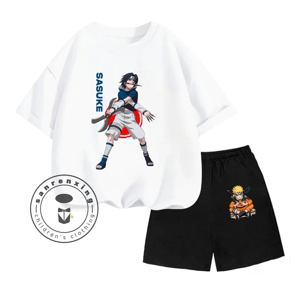 Unique NARUTO Animated Cartoon Character Vertical Print Design O-neck Skin-friendly Short Sleeve and Shorts Kids Two-piece Set
