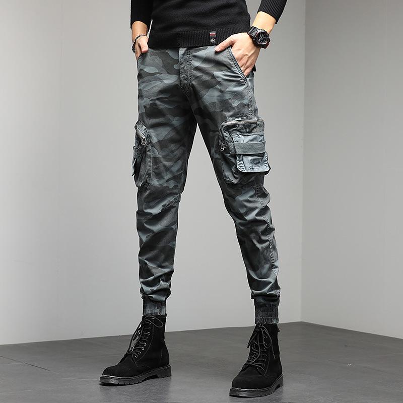 Men's New American High Street Camouflage Fashion Tied Feet Multi-pocket Overalls Casual Elastic Trendy Men