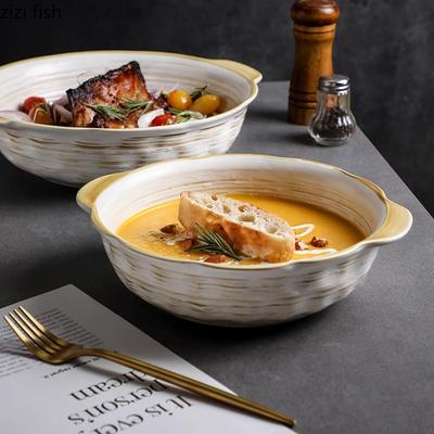 Ciotola Vintage in Ceramica a Doppio Manico Ciotola per Zuppa di Grande Capacità Ciotola per Insalata Ciotole per Pesce Bollito Ciotole da Portata Stoviglie Speciali per Hotel