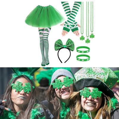 9PCS StPatrick Day Celebration Costume Headband Wristband Festival Green Arm Sleeves Shamrock Necklace Irish Accessory