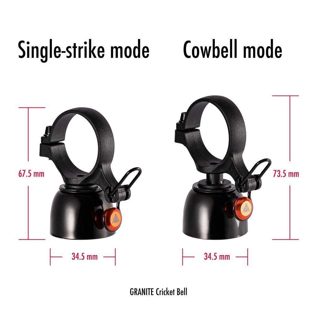 Granite Cricket Mountain Bicycle Bell Bike Bell with Single Strike and Continuous Cowbell Modes for to 35mm Handlebars - 22.2mm