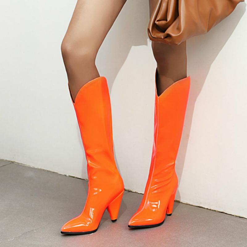 Fashion Women's High Boots Winter Shoes Point Western Cowboy Knee High Boot Pink Yellow Black Long Fetish Shoes Lady Large Size