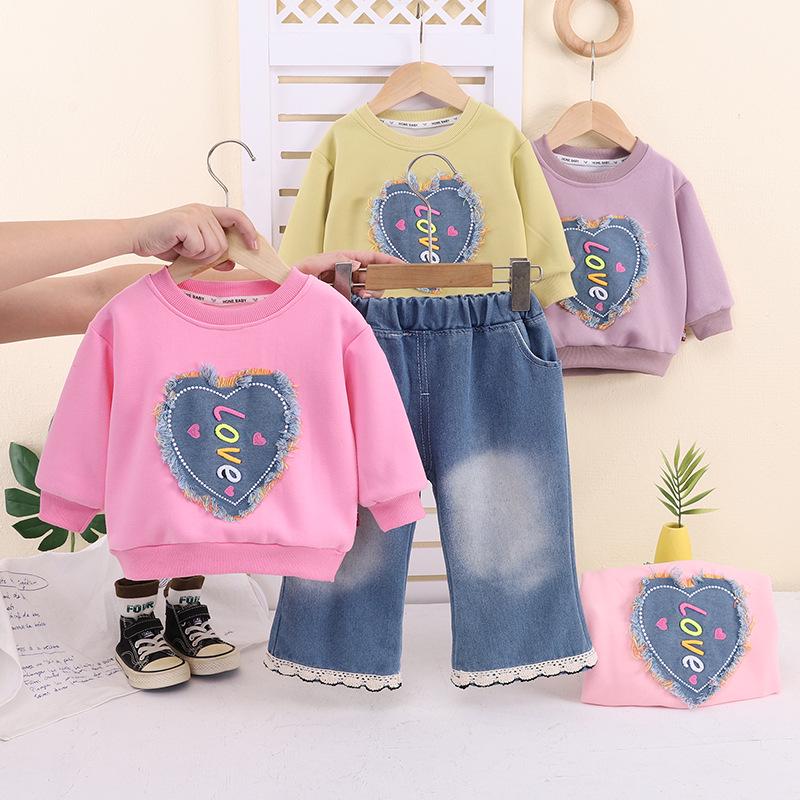 Girls' Korean Style Heart Hoodie & Jeans Two-Piece Set for Spring/Autumn