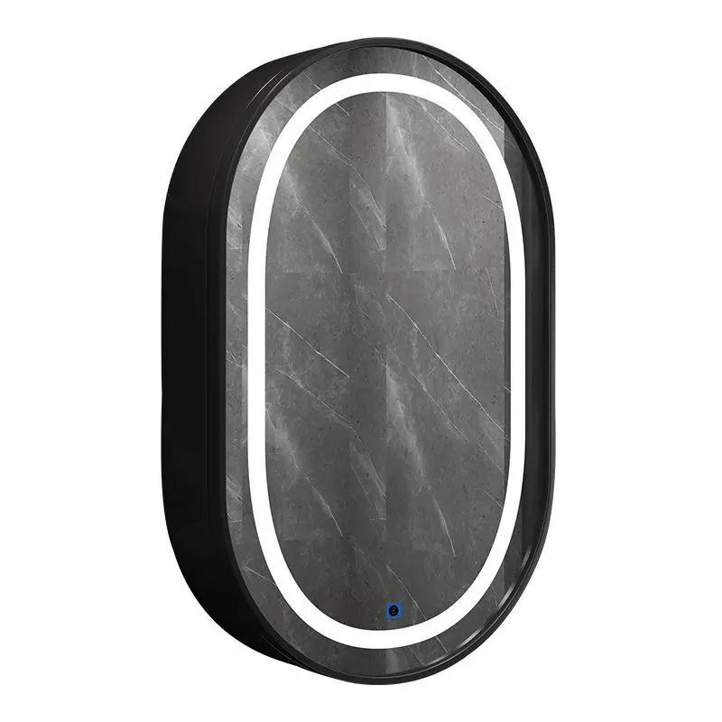 Wall-mounted solid wood oval LED smart bathroom mirror storage box cabinet bathroom toilet wall-mounted round mirror with light