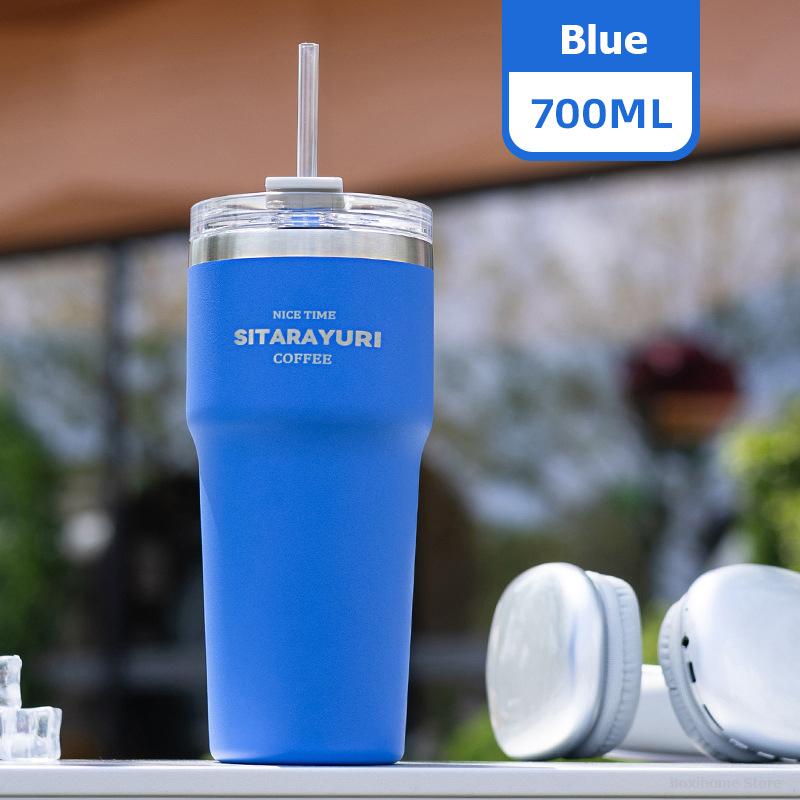 700ML Double Drink Insulation Cup Stainless Steel Straw Thermos Water Bottle Portable Large Outdoor Coffee Thermal Car Ice Mug